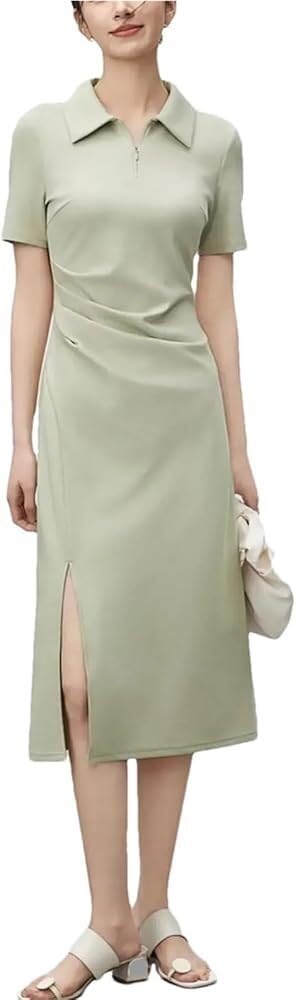 Women's Solid Polo Shirt Dress Summer Short Sleeve Split Cinched Waist A-Line Midi Dresses
