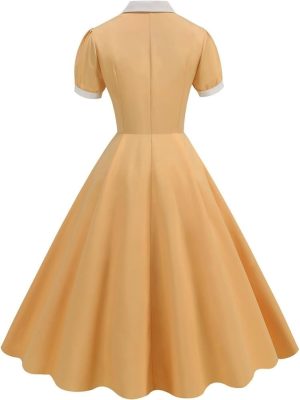 Women's Vintage Solid Color Swing Dress Summer Contrast Collar Short Sleeve Button Up Midi Dresses