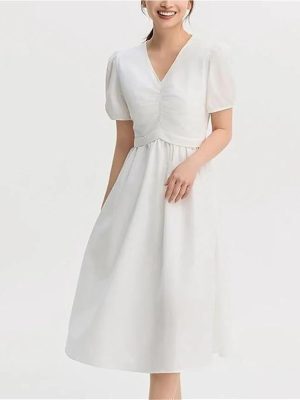 Women's Summer V Neck Puff Sleeve Midi Dress Solid Color Slim Fit Sweet Style Fashion Dresses