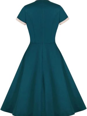 Women's Pleated Cotton Midi Dress Vintage High Waist Bow Tie Neck Pocket Swing Sundress Party Dresses