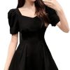 Women's Summer Retro Sexy Backless Dress Square Collar Small Puff Sleeves Slimming Short Dresses