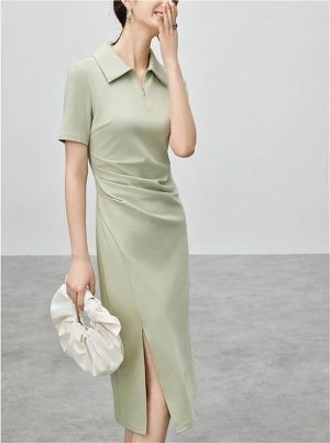 Women's Solid Polo Shirt Dress Summer Short Sleeve Split Cinched Waist A-Line Midi Dresses