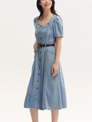 Women's Square Neck Long Denim Dress Summer Vintage Waist Strap Half Sleeve Trendy Jean Dresses