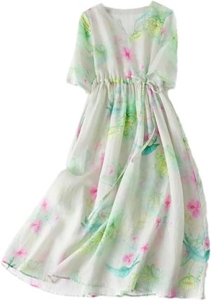 Women's Floral Print V-Neck A-line Summer Dress Vintage Casual Vacation Beach Dresses