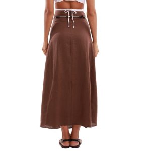 Women's 100% Linen A-line Maxi Skirt with Matching Belt Summer Casual