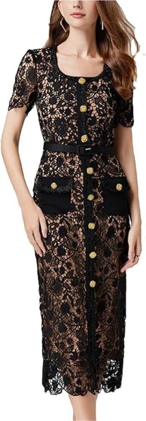 Women's Floral Embroidery Bodycon Lace Dress Bow Neck Short Sleeve Midi Summer Evening Party Dresses