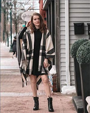 Women's Travel Plaid Shawl Wrap Open Front Poncho Cape for Fall Winter