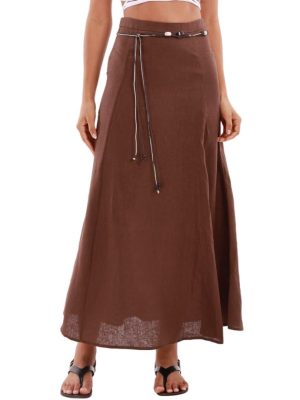 51YTN89B0L.jpg Women's 100% Linen A-line Maxi Skirt with Matching Belt Summer Casual