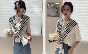 Womens Striped Pashmina Shawls and Wraps Knitted Sweater Casual Shawl Wraps Scarf Cardigan Cape Cashmere Shoulder Top