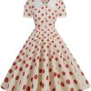 Women's 50s Vintage Polka Dot Midi Dress Turn Down Collar Button Front Summer Dresses