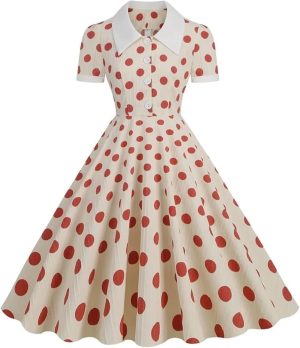 Women's 50s Vintage Polka Dot Midi Dress Turn Down Collar Button Front Summer Dresses