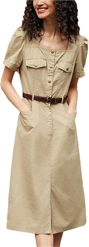 Women's Vintage Washed Fabric Midi Dress Square Neck Split Single Breasted Summer Fashion Work Dresses