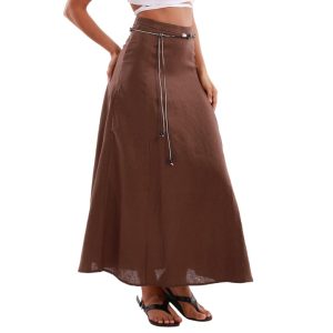 Women's 100% Linen A-line Maxi Skirt with Matching Belt Summer Casual