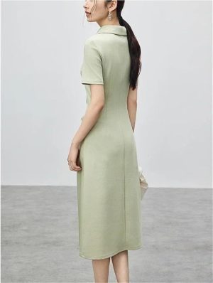 Women's Solid Polo Shirt Dress Summer Short Sleeve Split Cinched Waist A-Line Midi Dresses