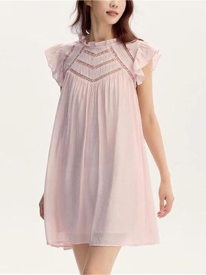 Women's Summer Hollow Out Textured Dress Gentle Ruffle Trim Flutter Sleeve Casual Dresses