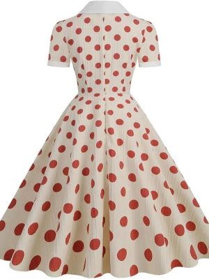Women's 50s Vintage Polka Dot Midi Dress Turn Down Collar Button Front Summer Dresses