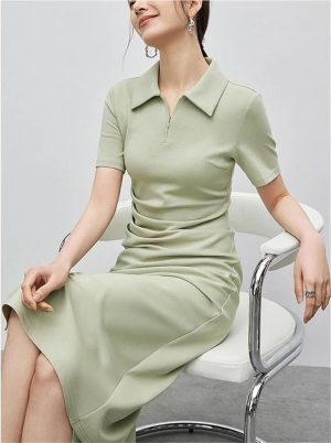 Women's Solid Polo Shirt Dress Summer Short Sleeve Split Cinched Waist A-Line Midi Dresses