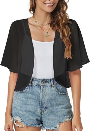 Women Shrug Chiffon Cardigans Open Front Short Sleeve Bolero for Evening Dressy