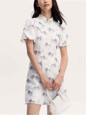 Women's Floral Embroidery Print Cheongsam Dress Summer Bubble Sleeves Buttoned Traditional Chinese Dresses