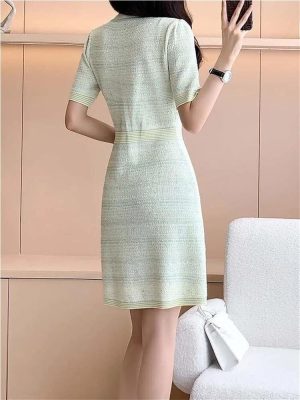 Women's Short Sleeve Knit Dress 2025 Fashion Summer V-Neck Slim Single Breasted A-Line Office Dresses