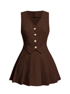Women's Plus Size 2 Piece Outfit Corduroy Sleeveless Button Down Crop Vest Blazer and Pleated Mini Skirt Set