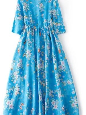 Women's Floral Print V-Neck A-line Summer Dress Vintage Casual Vacation Beach Dresses