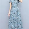Women's Boho Chiffon Floral Summer Beach Dress Short Sleeve Bodycon Long Party Dress