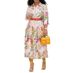 Lapel Three-Quarter Sleeve Knee Length Pleated Floral Women's Sheath Dress