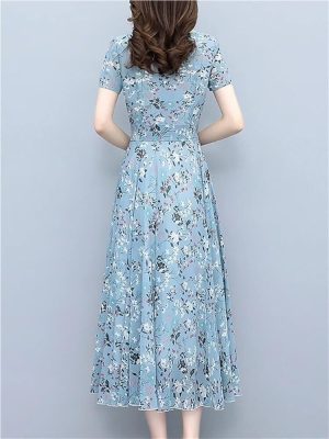 Women's Boho Chiffon Floral Summer Beach Dress Short Sleeve Bodycon Long Party Dress