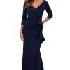 Women's Long 3/4 Sleeve V-Neck Side Ruched Gown (Reg and Petite)