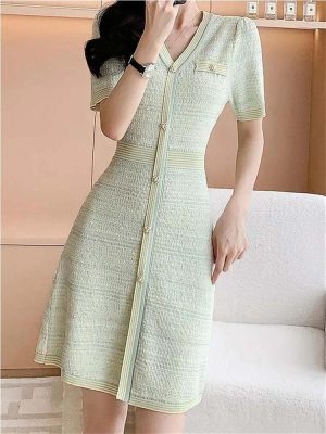 Women's Short Sleeve Knit Dress 2025 Fashion Summer V-Neck Slim Single Breasted A-Line Office Dresses