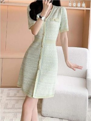 Women's Short Sleeve Knit Dress 2025 Fashion Summer V-Neck Slim Single Breasted A-Line Office Dresses