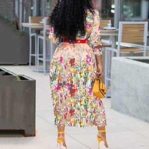 Lapel Three-Quarter Sleeve Knee Length Pleated Floral Women's Sheath Dress