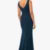 Women's Long Sleeveless Boat Neck Ruffle Side Slit Scuba Crepe Gown