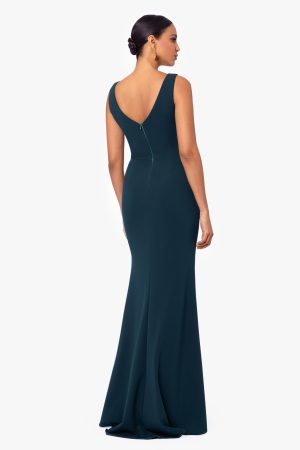 Women's Long Sleeveless Boat Neck Ruffle Side Slit Scuba Crepe Gown