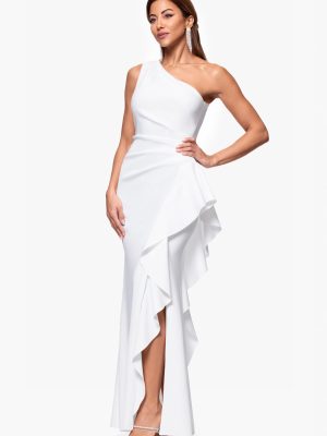 Women's One-Shoulder Gown with Cascading Ruffle Detail and Ruched Waist