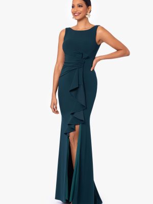 Women's Long Sleeveless Boat Neck Ruffle Side Slit Scuba Crepe Gown