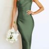 Women's 2025 Summer Midi Satin Dress One Shoulder Spaghetti Strap Backless Ruched Bodycon Dresses