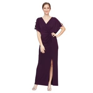 Women's Long V-Neck Knot Front Wedding Guest Dress with Cold Shoulder Sleeves (Petite and Regular Sizes)