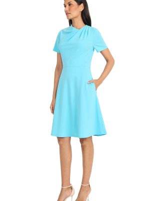 Women's A-line Short Sleeve Gathered Neckline Knee Length Business Casual Cocktail Wedding Guest Dress