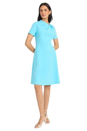 Women's A-line Short Sleeve Gathered Neckline Knee Length Business Casual Cocktail Wedding Guest Dress