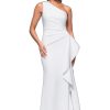 Women's One-Shoulder Gown with Cascading Ruffle Detail and Ruched Waist