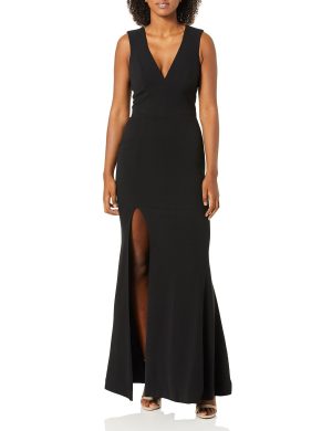 Women's Sandra Plunging Thick Strap Solid Gown with Slit Dress
