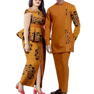 Dashiki African Dresses for Women Top and Split Skirts Matching Men Shirts and Pants Sets Couple Outfits