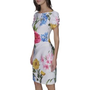 Women's Short Ruched Sleeve Jewel Neck Sheath Mini Dress