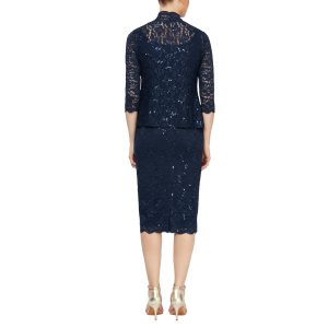 Women's Tea Length Sequin Lace Special Occasion Dress with Illusion Sleeve Jacket (Petite and Regular Sizes)