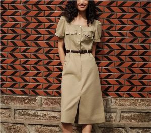 Women's Vintage Washed Fabric Midi Dress Square Neck Split Single Breasted Summer Fashion Work Dresses