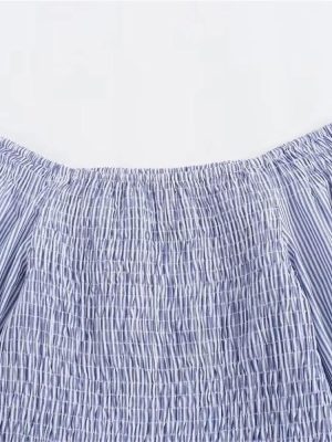 Women's Hollow Out Embroidered Stripe Beach Vacation Dress One Line Collar Summer Casual Midi Dresses