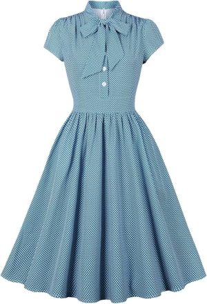Women's Retro Casual Empire Waist Swing Dress Rockabilly 60s 70s Short Sleeve Summer Party Dresses