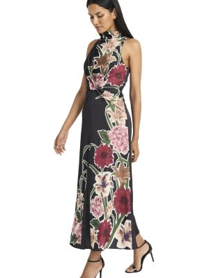 Women's Sleeveless Mock Neck Maxi Elegant Floral Print for Wedding Guest-Versatile Formal Dresses